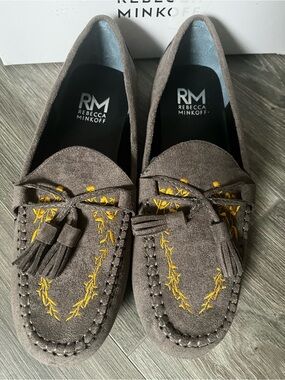 Rebecca Minkoff Taupe Suede Tassel Loafers with Yellow Embroidery